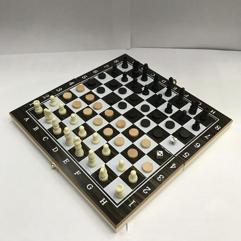 3 In 1 Schaakbord Internationale Schaakspel Draagbare Houten Schaakbord Reizen Bordspellen Backgammon Checkers Stukken