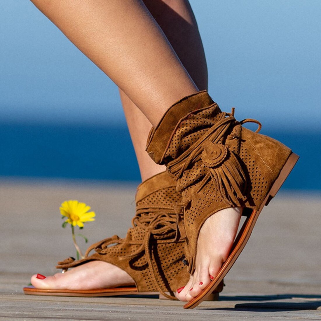 Sandalias Retro con flecos y flores para mujer, zapatos informales de playa, chanclas de verano,