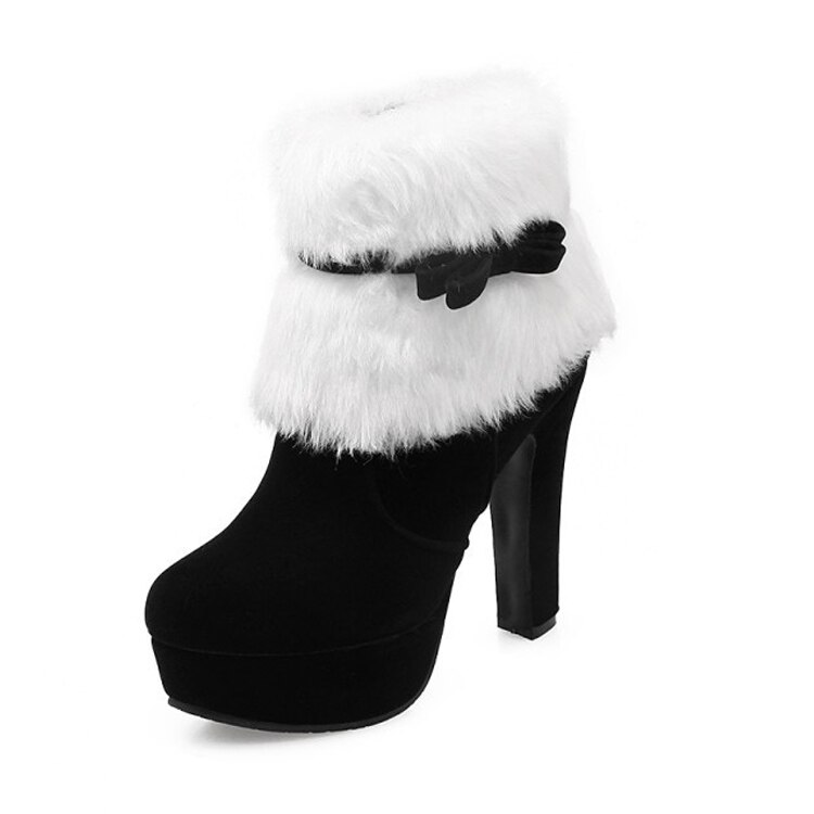 Vrouwen Enkellaarsjes Kerst Hoge Hakken Platform Schoenen Femme Winter Warm Bont Korte Laarzen Rood Zwart Dames Partij Schoenen Plus size: Black / 42