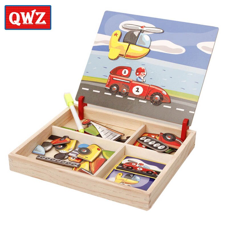 Multifunctional Wooden Magnetic Puzzle Toys Children 3D Puzzle Figure/Animals/ Vehicle /Circus Drawing Board Learning Wood Toys