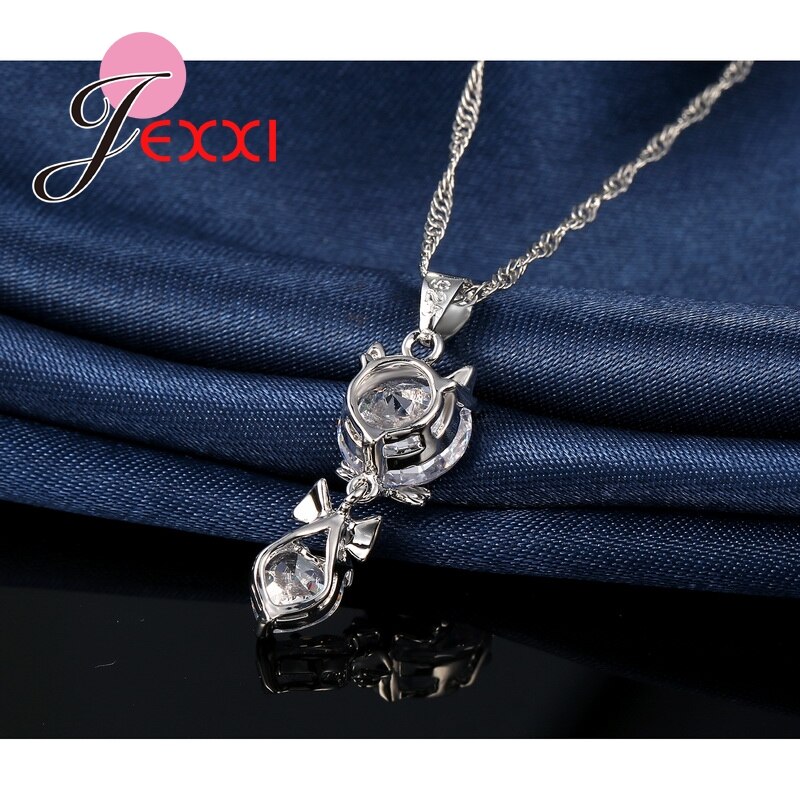 Mignon dessin animé chat ensemble de bijoux collier pendentif goutte boucles d'oreilles à la 925 en argent Sterling amour coeur femmes ensembles de bijoux