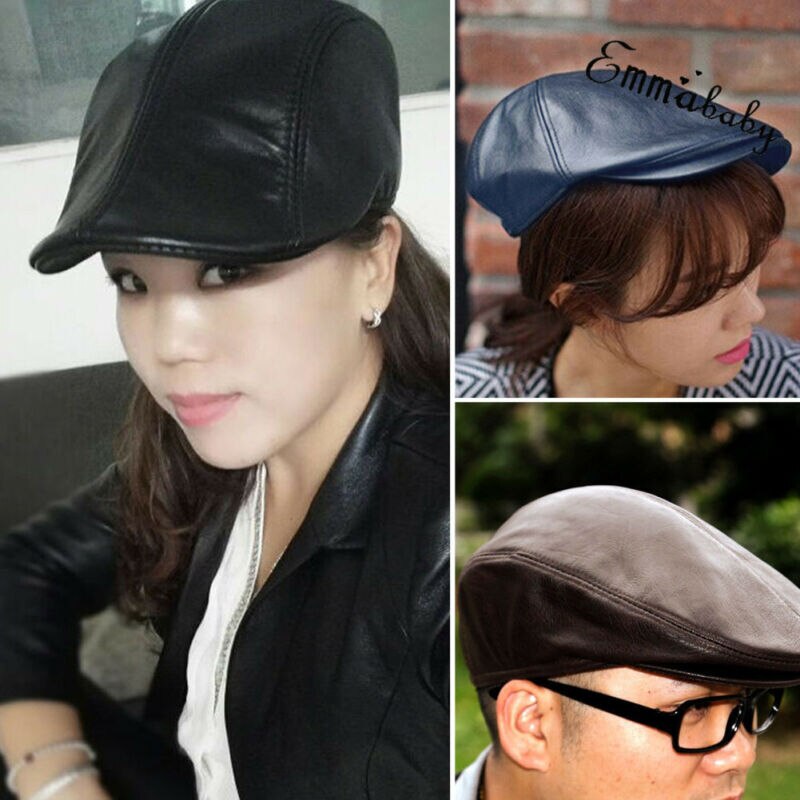 Vintage Men Women Leather Flat Ivy Caps Newsboy Gatsby Bonnet Cabbie Biker Beret Hat
