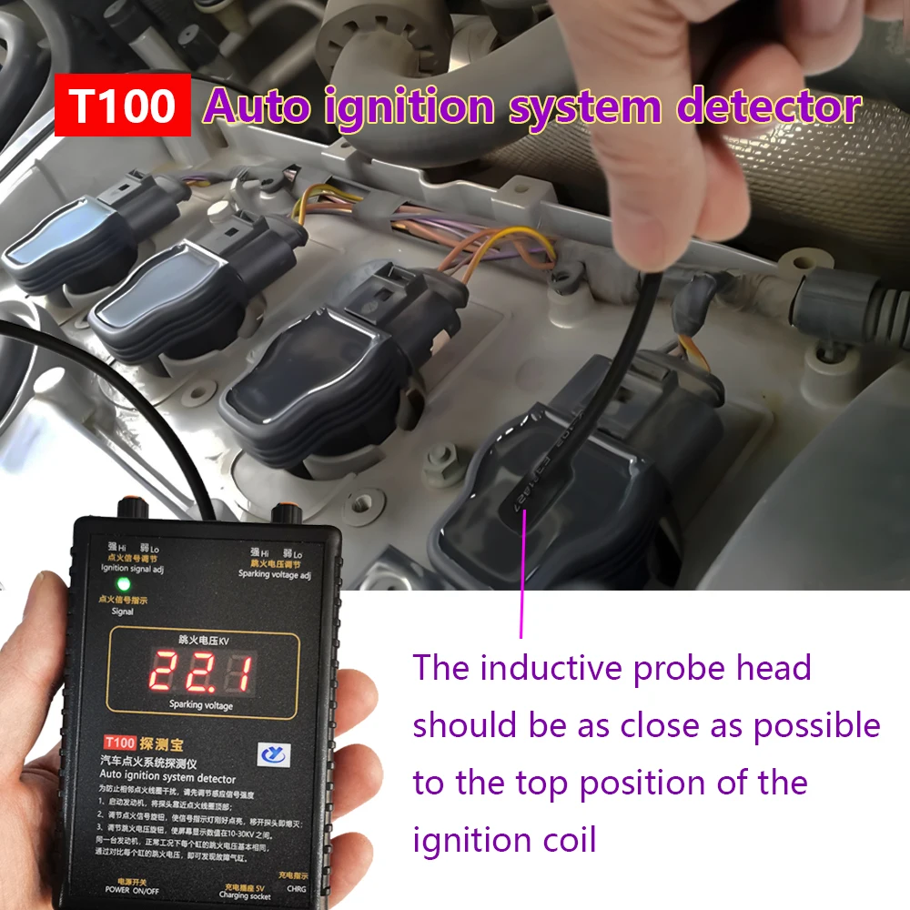 T100 Auto-Zündsystem-Detektor für 12-V-24-V-Zündsystem zum Testen des Zündsignals und der Funkenspannung