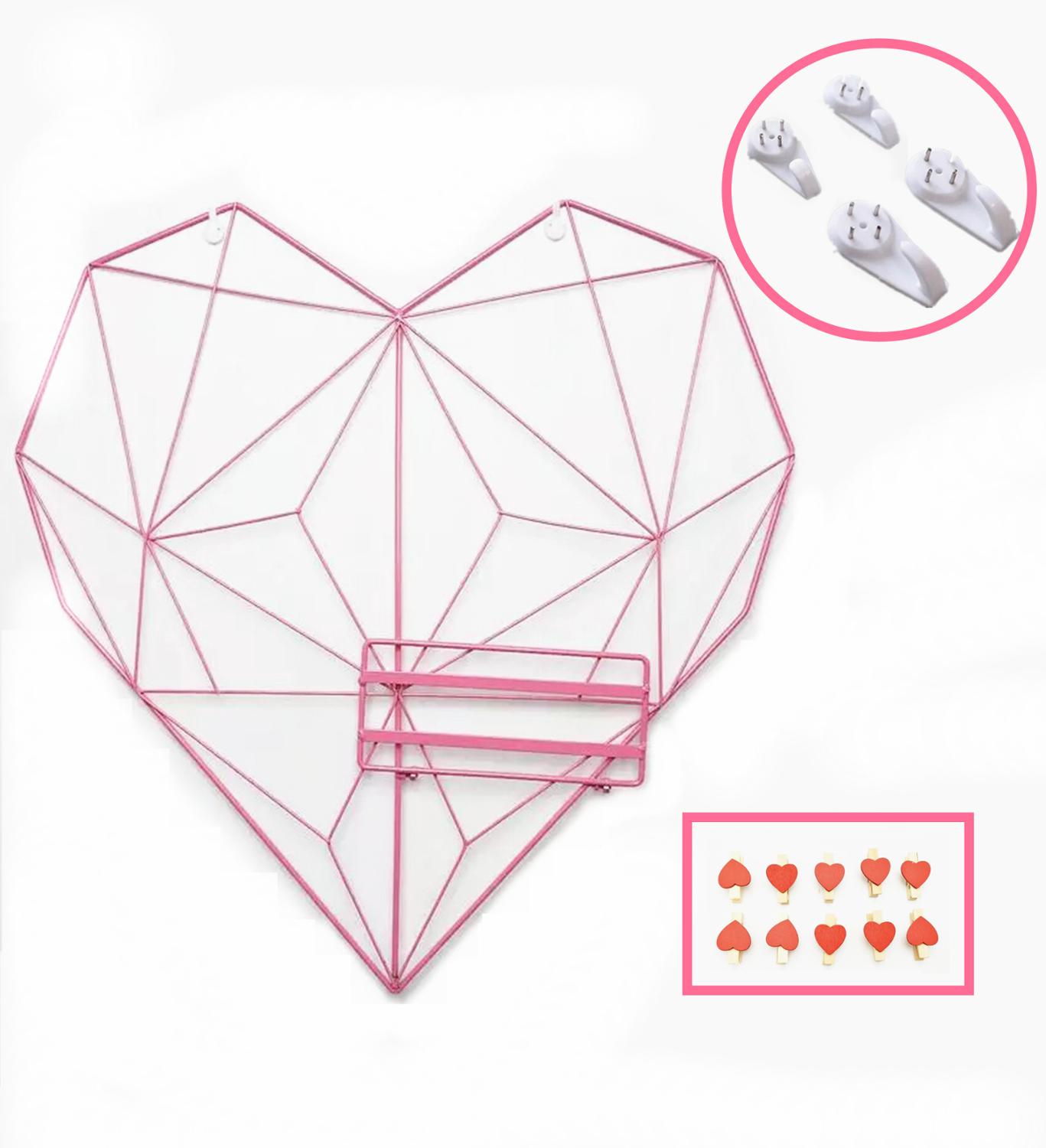 Corazón de Metal de amor rejilla de malla Panel Decoración habitación DIY Pared de fotos arte hierro Display con 10 Clips y 4 ganchos Multi organizador de fotos: Rosa