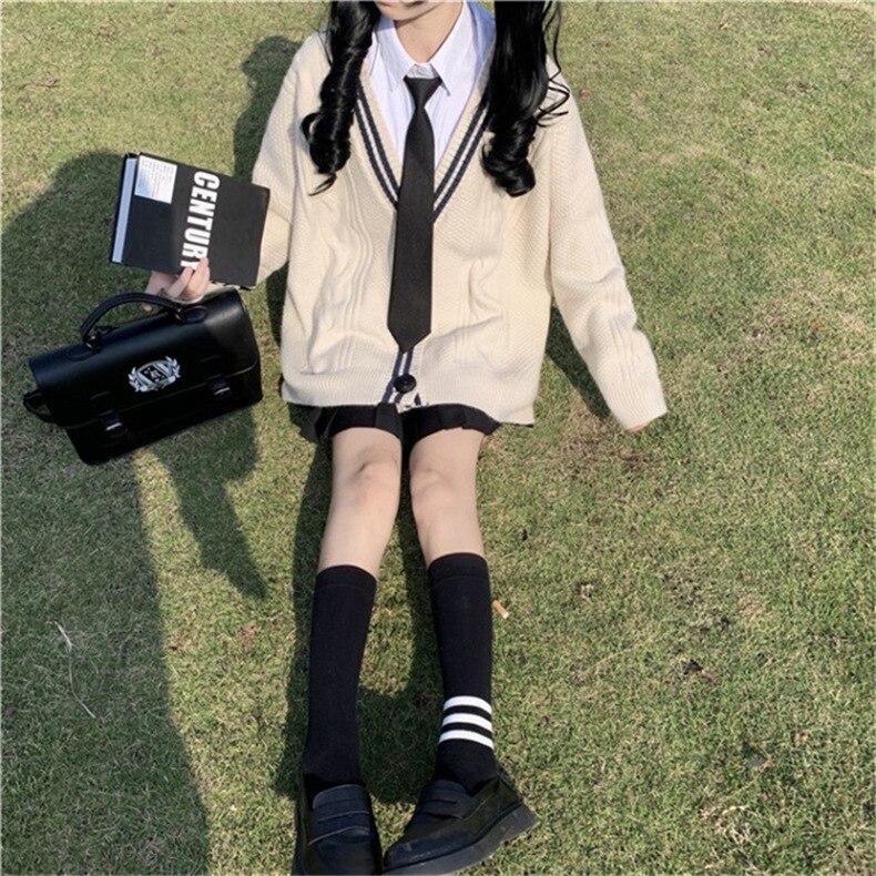 Japanese Korean School Uniform for Girls Autumn Winter College Style Loose Knitted Cardigan Solid Color Sweet Coat 2022
