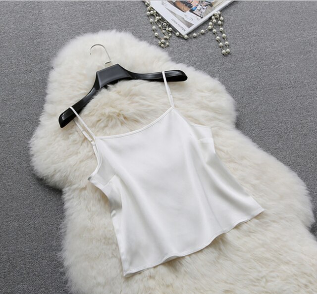 Spaghetti soie 100% debardeur femmes crop top satin pour haut femme été débardeurs ete sexy tops caraco débardeur camisole blanc noir court sans manche croptop tank vetement vêtement camisoles corsés petite bretelles d: white short 51cm / S
