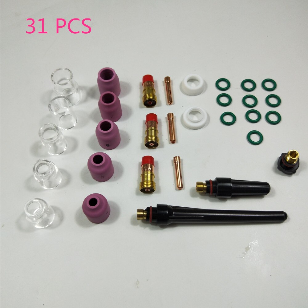 TIG Welding Torch Stubby Gas Lens Heat Resistant Glass Cup Kit For WP-17/18/26 2.4mm 3/32" O-rings semi-automatic welding: package 31pcs