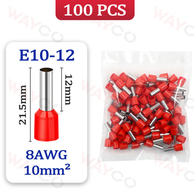 100 Stks/pak E0508 E7508 E1008 E1508 E2508 Buisvormige Crimp Terminals Adereindhulzen Koudgeperste Geïsoleerde Elektrische Draad Connectoren: E10-12 - 100PCS