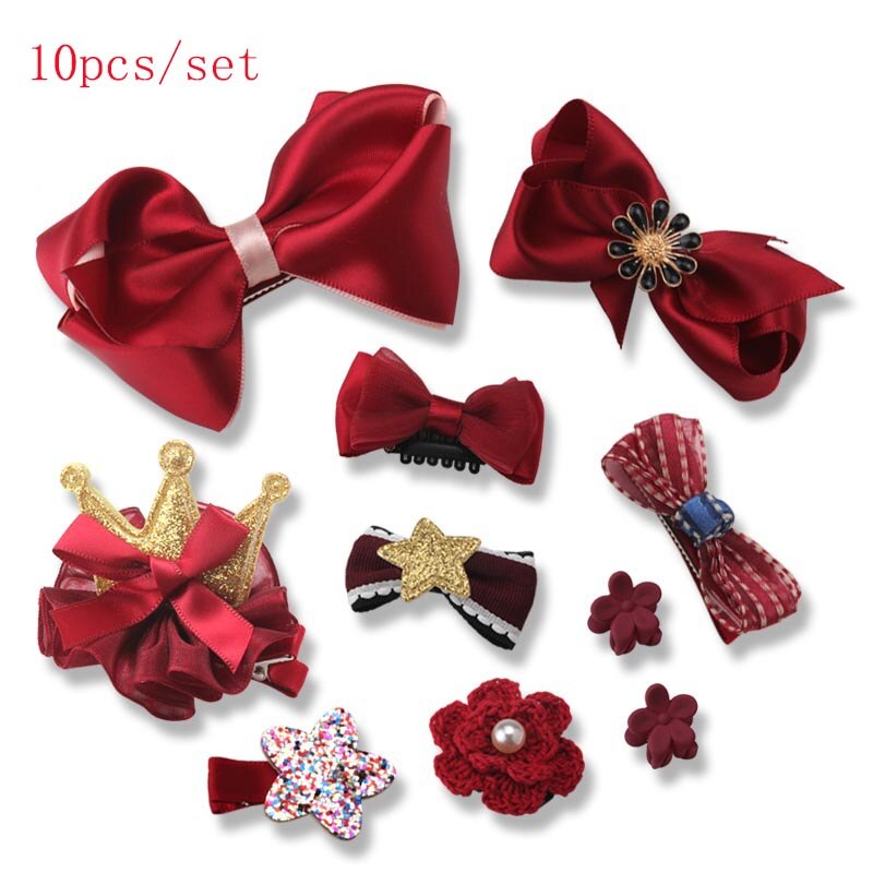 18pc Headwear Set Toys For Girls Children Accessories Ribbon Bow Hair Clip Hairpins Girl Princess Hairdress Beauty & Toy: Red 10PCS