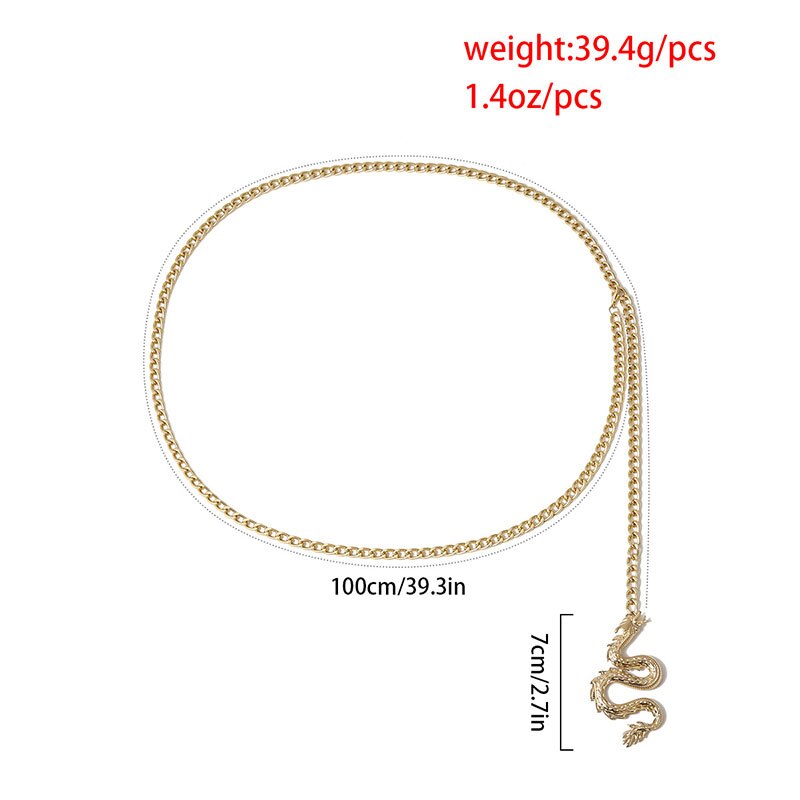 Cinturón de cadena dorado y plateado para mujer y hombre, cinturón de pantalones finos, cinturón de Hip Hop geométrico de dragón, cinturón de cintura,