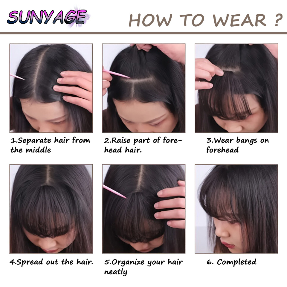 Sunyage natural em linha reta sintética sem corte franja de fibra de alta temperatura marrom feminino clip-in franja completa com franja de cabelo 6 Polegada