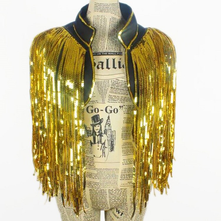 Beyonce Bar Singer DS Costume Men&#39;S Flash Drill Super Long Fringe Tassel Vest Jacket Men Rave Clothes Jazz Sequin Tops DNV10064: Golden / XXL