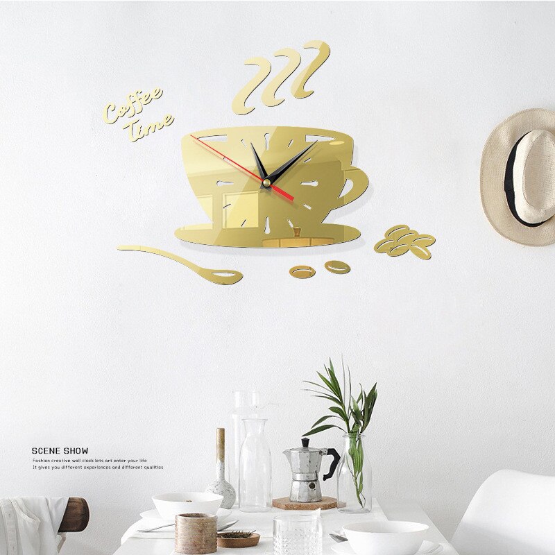 DIY 3D Wall Clock Acrylic Coffee Cup Teapot Decorative Kitchen Wall Clock Living Room Wall Stickers Home Decor Clocks: Light gold
