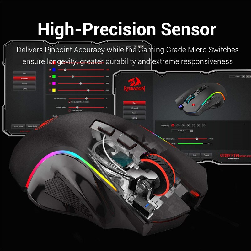 Redragon M602KS Wireless Gaming Mouse LED RGB Backlit MMO 8 Programmable Buttons Mouse Macro Recording Side Buttons For Windows
