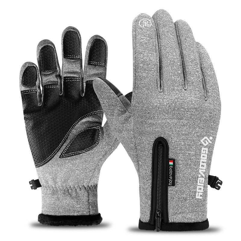 Winter Waterproof Men's Gloves Touch Screen Anti-Slip Zipper Cold-proof Gloves Women Riding Skiing Warm Thicken Fluff Gloves: light grey / S Palm Width 7-7.5CM