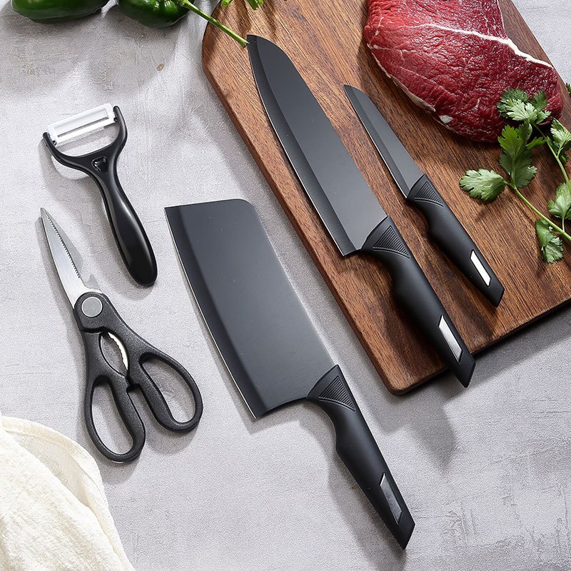 5PCS Kitchen Knife Set Anti-rust &amp; Anti-corrosion Stainless Steel Cooking Knives Non Stick Blade Chef Knives Scissors Peeler Set