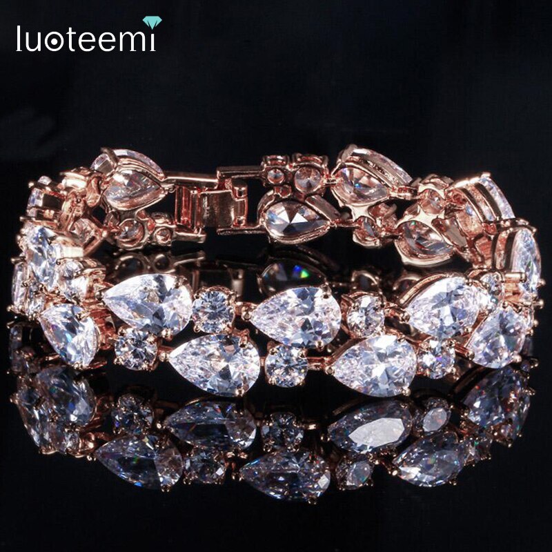 LUOTEEMI Lujo Champagne Oro de Color Claro AAA + Cubic Zirconia Pulsera y Brazaletes para Las Mujeres Elegantes Al Por Mayor Fábrica