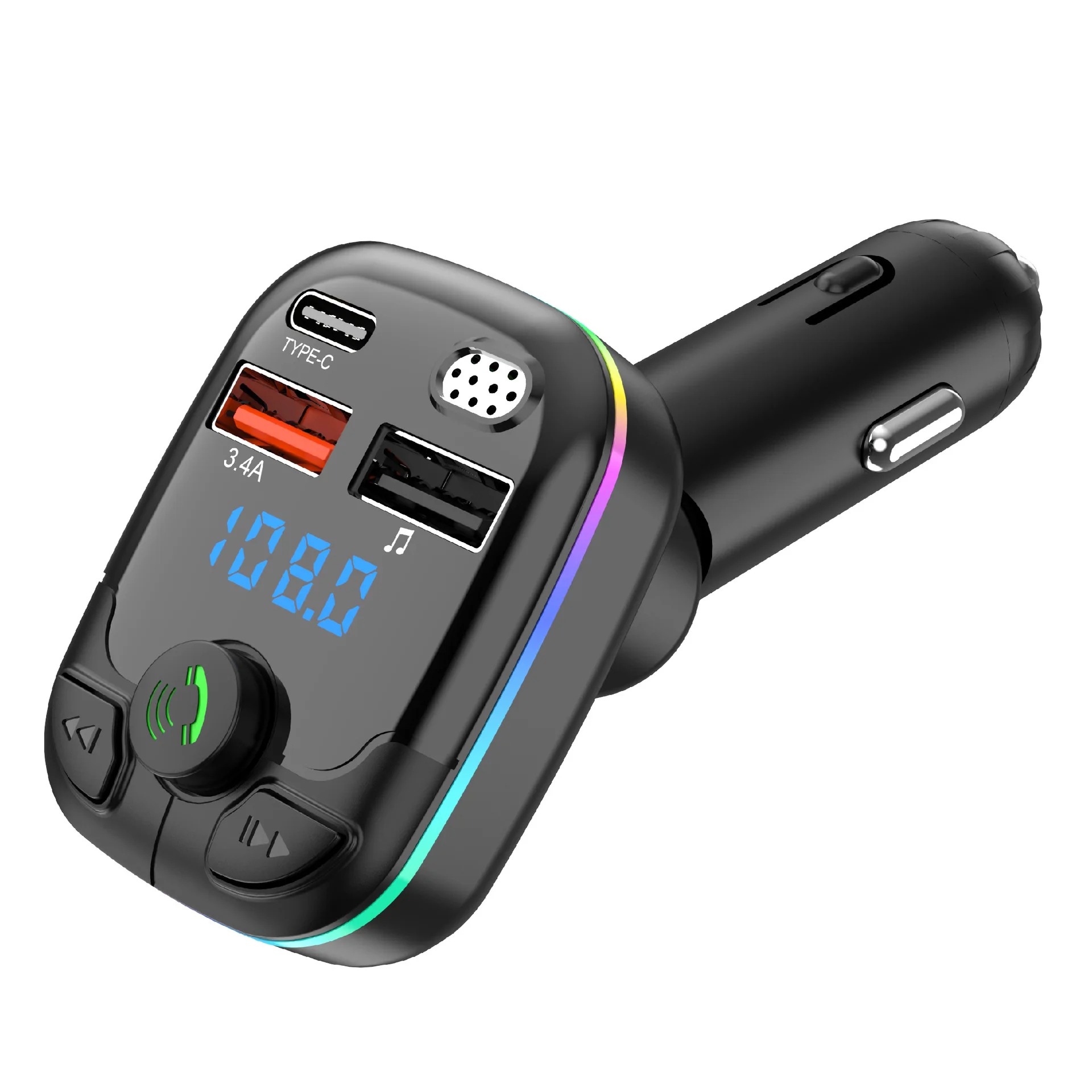 Auto Bluetooth 5.0 FM Absender 12/24V Freisprecheinrichtung Dual USB Umgebungslicht TF Karte MP3 Spieler Typ-C PD20W QC3.0 3,4A Schnellladegerät: weiß