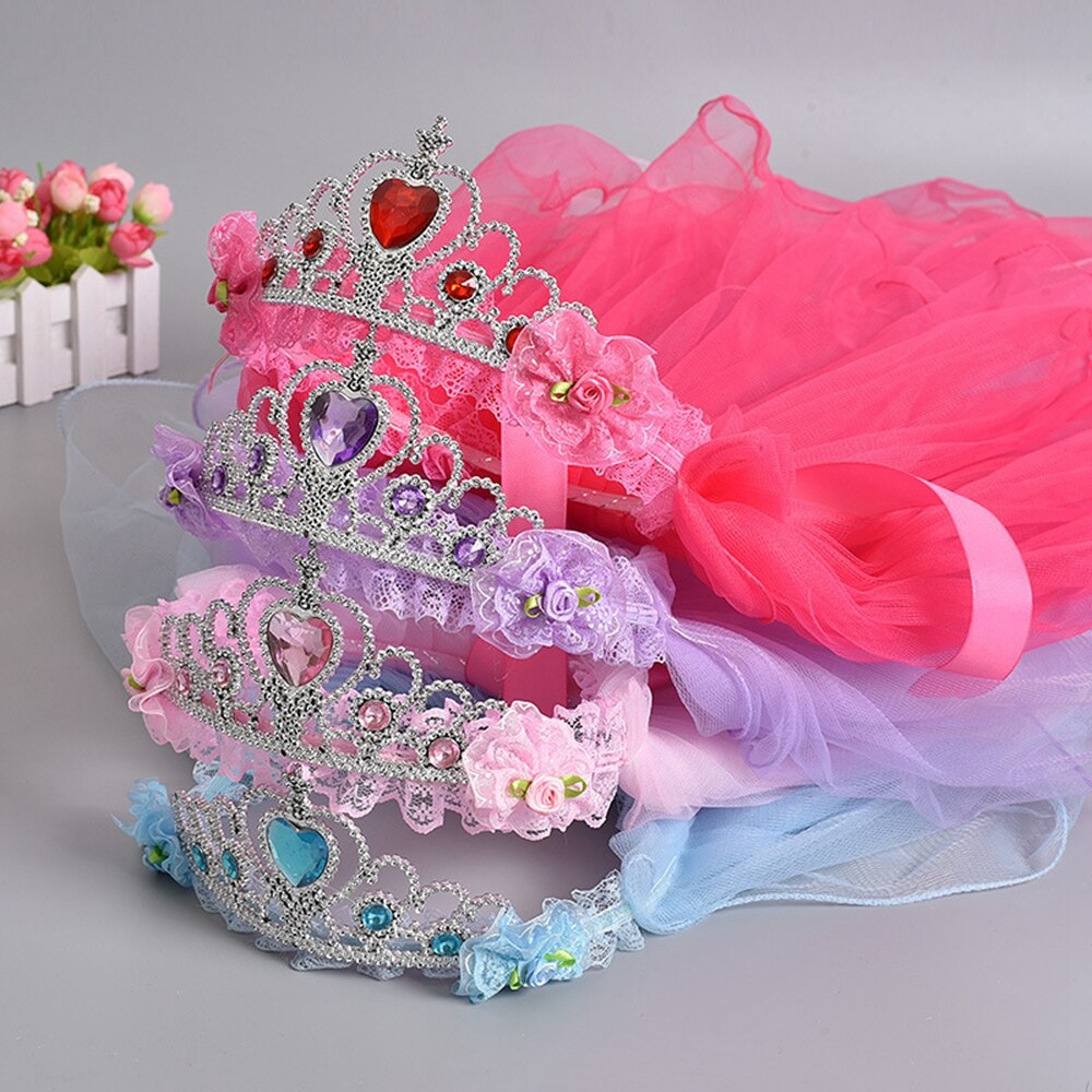 Girls Princess Crown Headband Tulle Bridal Veils Garland Wedding Party Wreath Children Hair band Solid Color Beaded Tassel