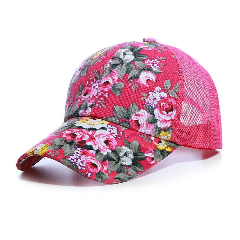Sommer kvinder visir damer blomsterhætter justerbar snapback baseball mesh åndbar hætte udendørs sol flad hat: Rose