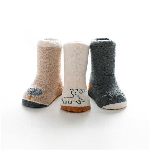 3 paia/lotto neonato calzini ragazzo cotone nuovo inverno spesso spugna cartone animato neve pavimento neonato calzini bambino per le ragazze: giraffe / S 6to12Month