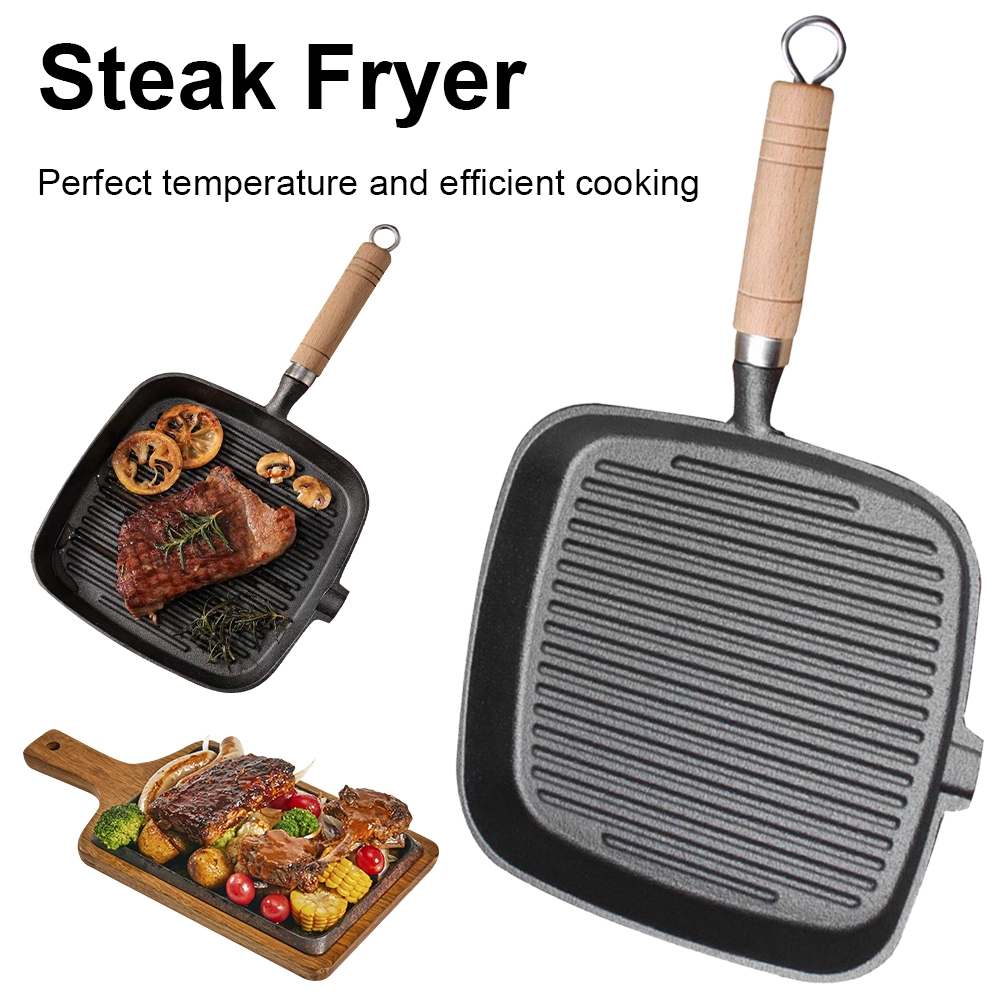 Gusseisen Pfanne Steak Pfanne mit Holzgriff unbeschichtete Antihaft-Bratpfanne Steak Braten Topf Steak Pfanne für Camping