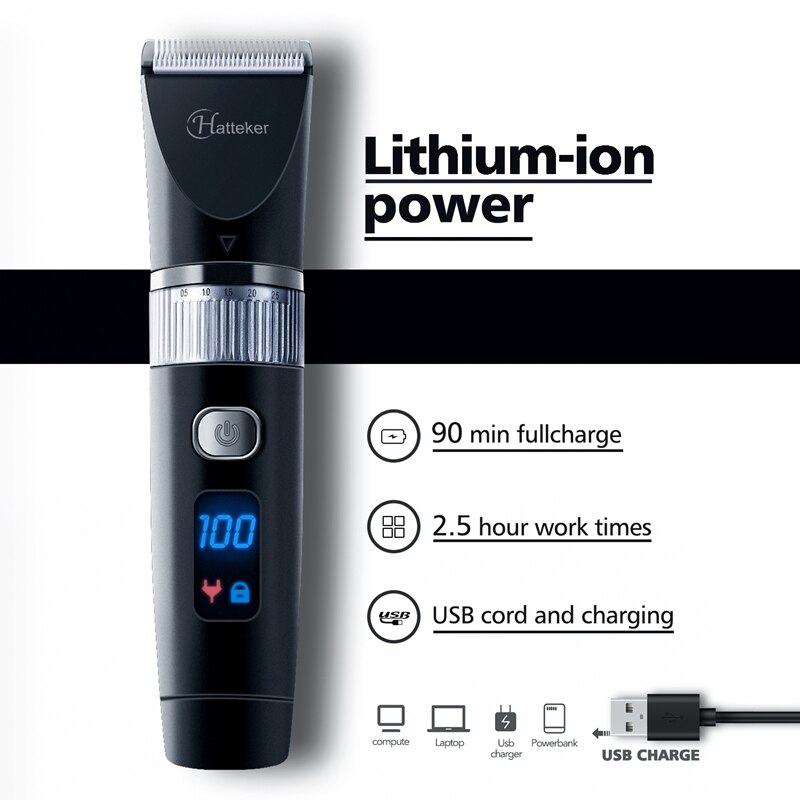 HATTEKER Hair Clipper Keramik Klinge Wasserdichte Elektrische Haar Trimmer Led-anzeige Haarschnitt Maschine für Männer