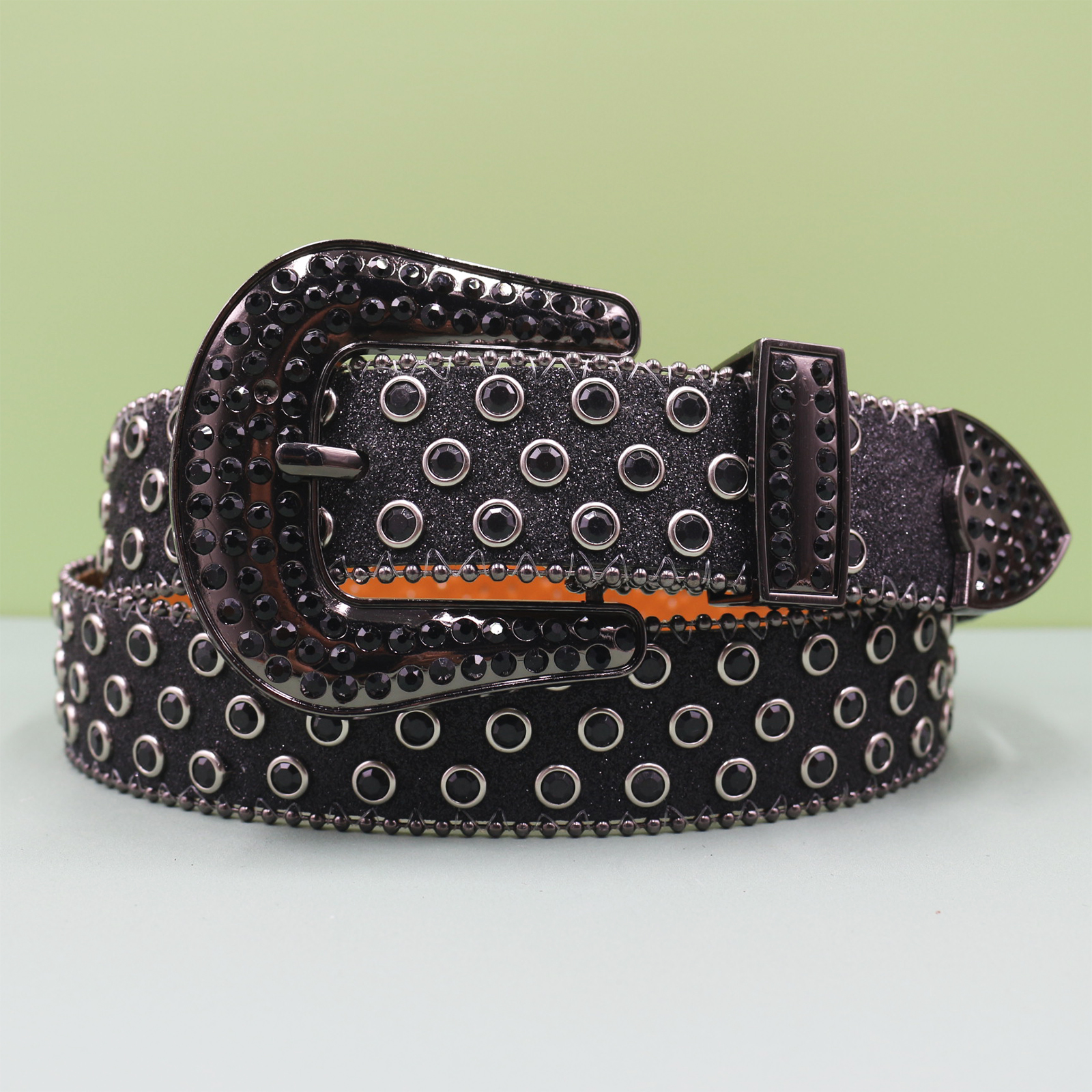 Ceinture en jean pour hommes et femmes, grande taille, en Denim occidental, à rivets brillants, en cuir, Style HipHop Punk Rock Y2K: Black / 115 CM