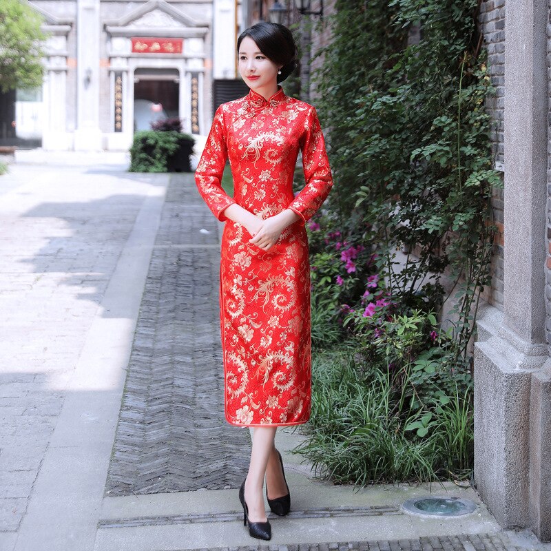 Women Long Cheongsam Slim Vintage 3/4 Sleeve Dress Tang Suit Long Dresses Wedding Evening Dress