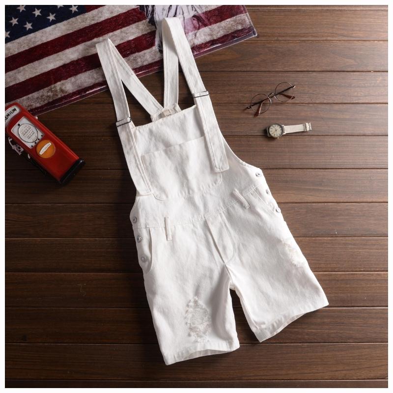 Summer Men's Shorts Bib Overall Jeans Short Male Casual Ripped Denim Jumpsuits Jeans Shorts Pants Khaki White Black: White / XXL