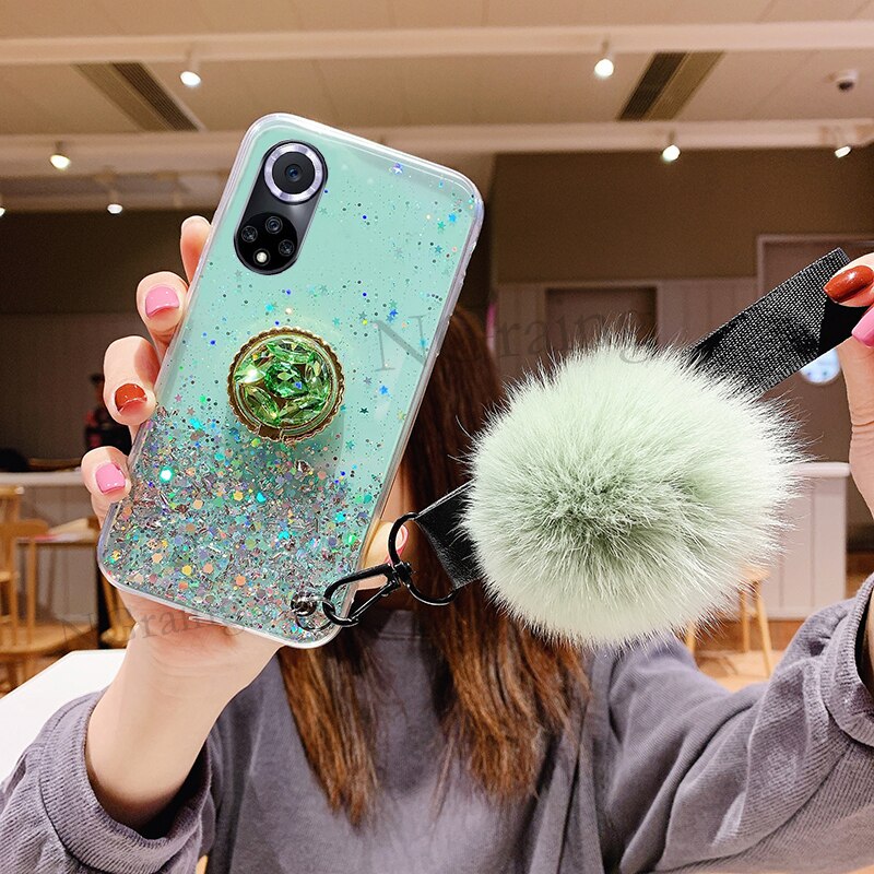 Handphone case for Huawei honor 50 Min soft tpu Luxury Rhinestone Ring Holder Hariball With strap: Green