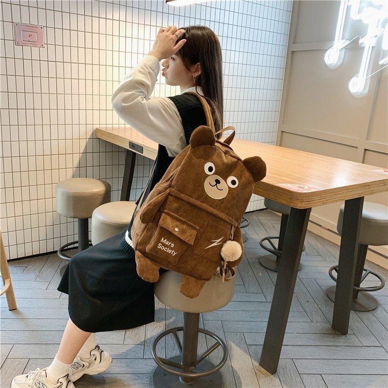 Japansk corduroy bear ryggsekker for søte kvinner flerlommer skolesekker stor kapasitet ryggsekk teenger jenter skolesekk kvinne