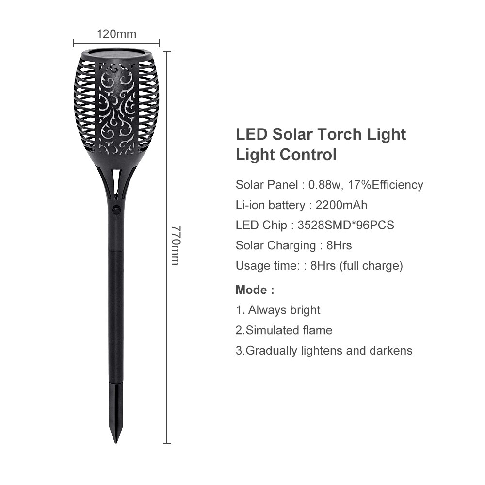Upgraded Solar Torch Lights 96 LEDs 1 Mode/3 Modes Outdoor Flickering Flame Lamp Waterproof IP65 for Landscape Garden Patio Pool