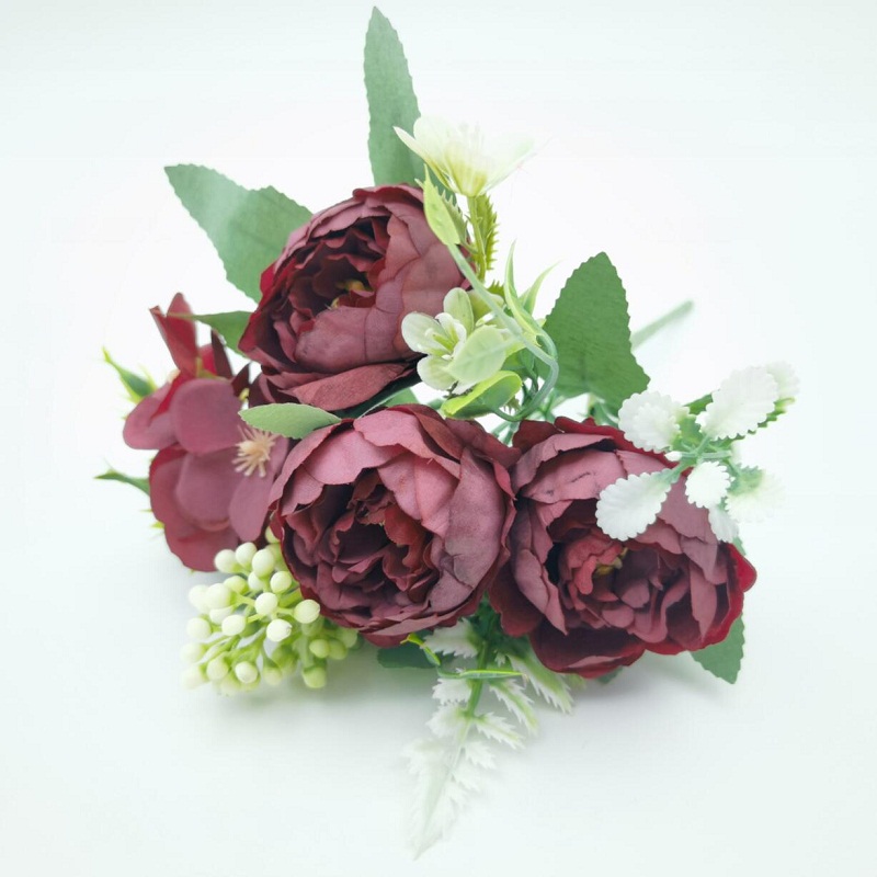 Simulazione di seta fiori argento neve peonia mazzo pianta verde centro commerciale decorazione artificiale peonie arancioni fiore finto: Borgogna