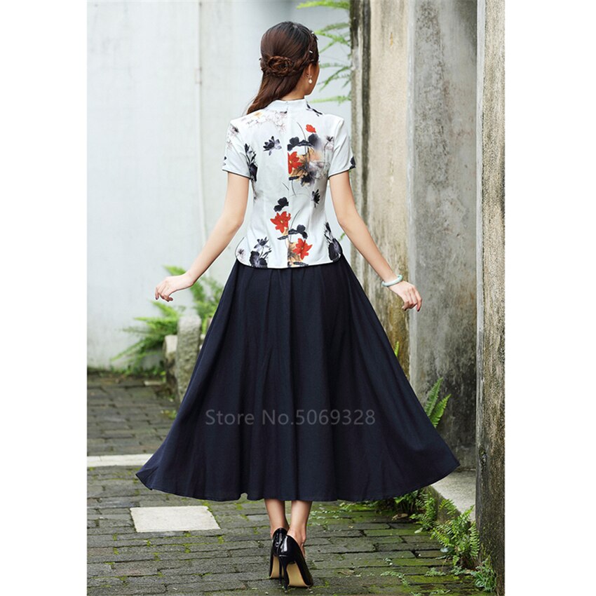 Traditionnelle chinoise Cheongsam T-Shirts Pour femmes Grande Taille 4XL Qipao Chemisier À Imprimé Floral De Style Asiatique Antique Costumes Élégants