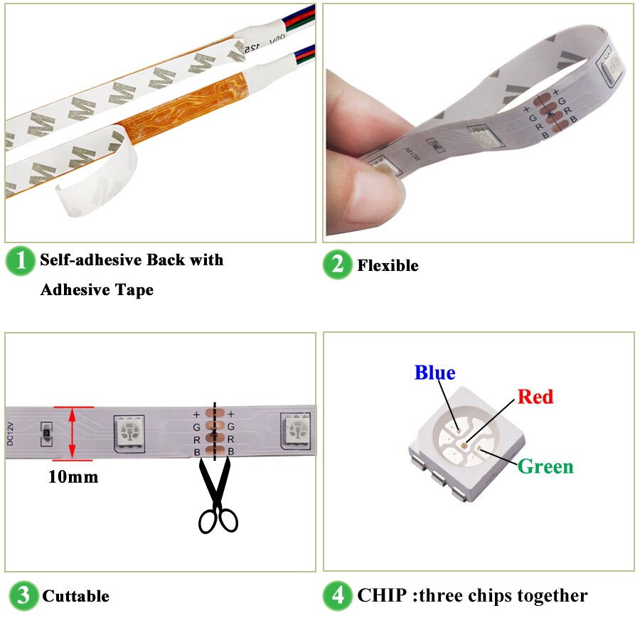 RGB LED Strip 5m 5050 DC12V Waterproof Led Strip Light 30 Leds/M Flexible Lighting Ribbon Tape Controller Adapter Set