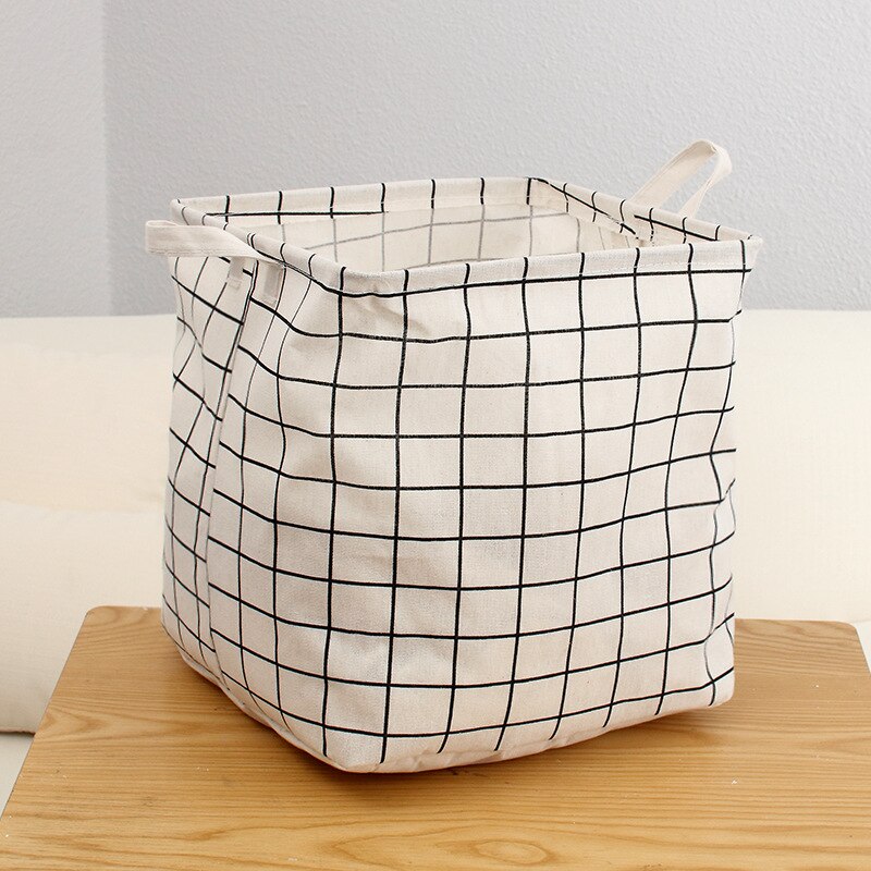 Linen Laundry Basket Square Dirty Clothes Toys Folding Organizer Bucket Anti-dust Big Storage Barrel Hamper Storage Home: White Plaid