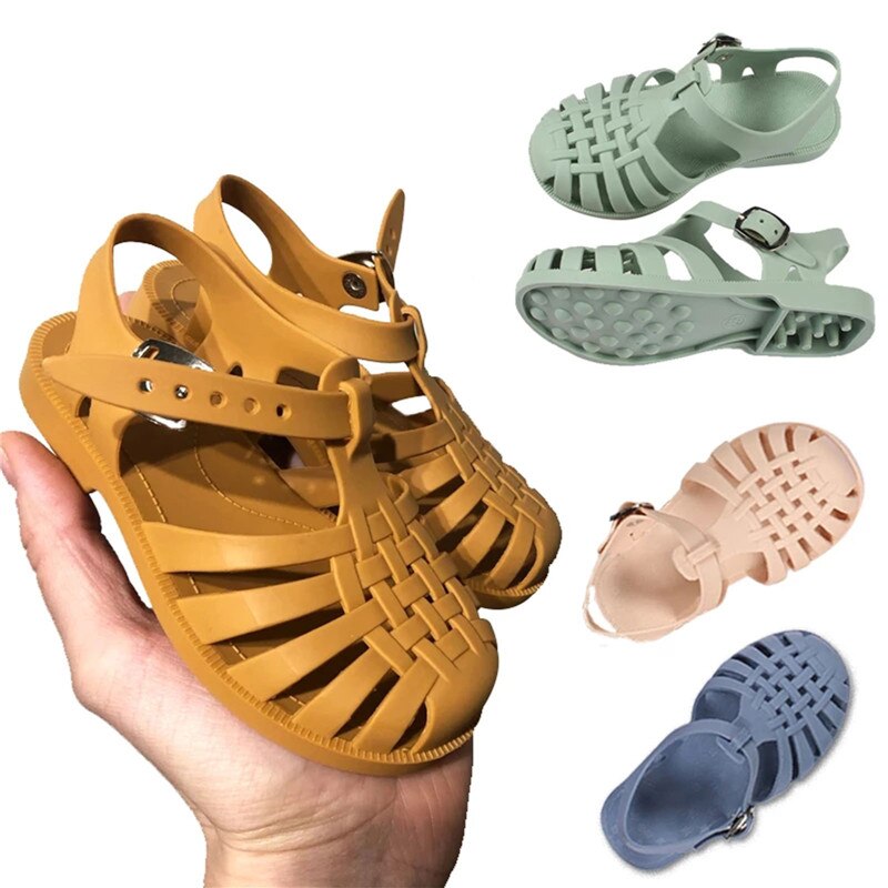Sandales plates pour enfants, longueur intérieure 14.5cm-17.1cm, couleur unie, ajouré, chaussures de marche pour filles et garçons, chaussures décontractées d'été