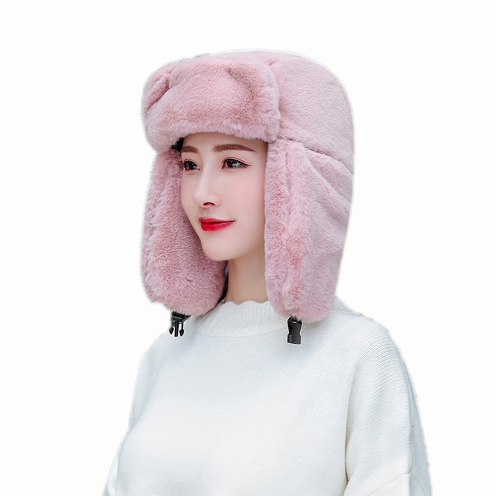 Women Faux Fur Trapper Hat Russian Ushanka Cossack Ski Earflaps Aviator Cap Winter Warm Velvet Bomber Hat 5 Colors