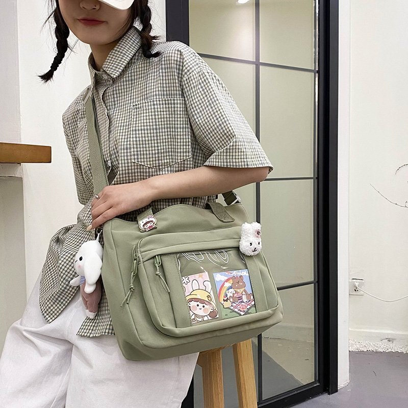 SYWIZDII Japanese Kawaii Style Backpacks for Teenage Girls Casual Nylon Female Handbags Women Crossbody Shoulder Bags: Green with doll