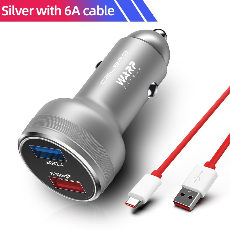 2 Poort Dash Charger Auto Voor Oneplus 7 Pro 6T 6 5T 5 Charguer Rapid Fast Lading Voor een Plus 8 Pro 30W Warp Charger Met 6A Kabel: Siliver With Cable