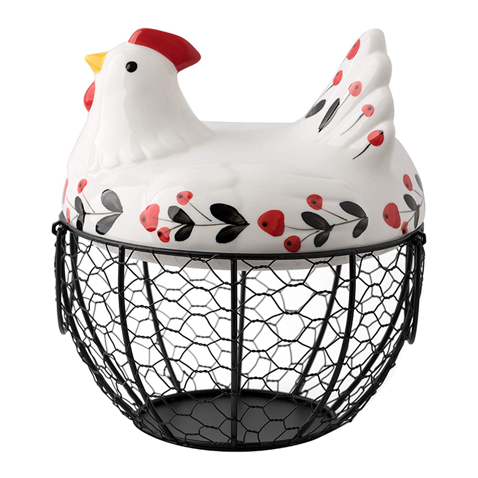 Ceramic Egg Holder Chicken Wire Egg Basket Fruit Basket Collection Ceramic Hen Oraments Decoration Kitchen Storage 19CMX22CM: A