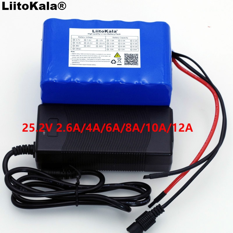 LiitoKala 24 v 6 s 4A 6A 8A 10A 18650 batterij 25.2 v 12Ah Li-Ion batterij voor fiets batterij 350 w E bike 250 w motor + Lader