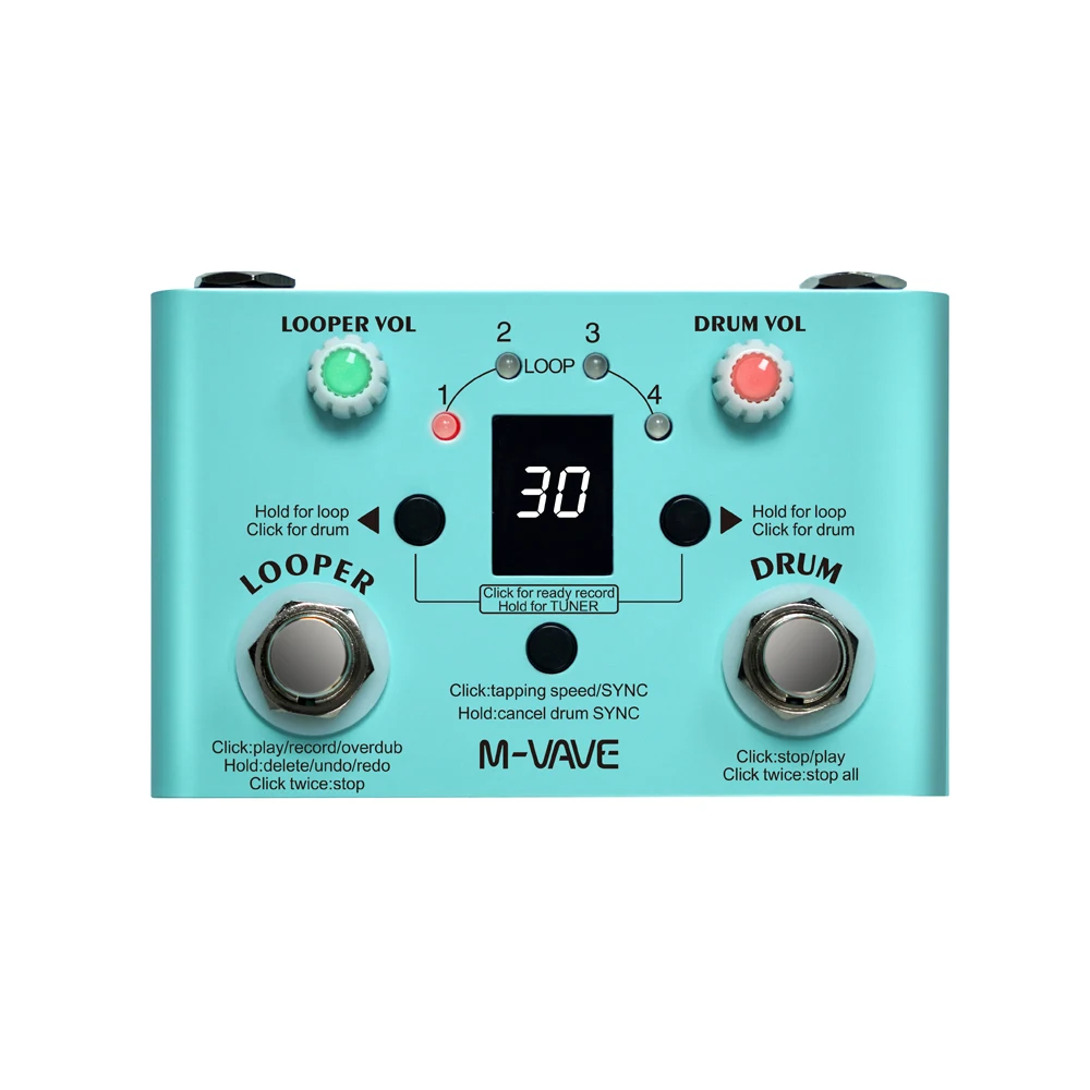 M-vave Lost Tempo V2 Drum Machines y Looper Pedal de efecto de guitarra incorporado 30 tambores 11 minutos de tiempo de recificación sintonizador de alta precisión: Azul