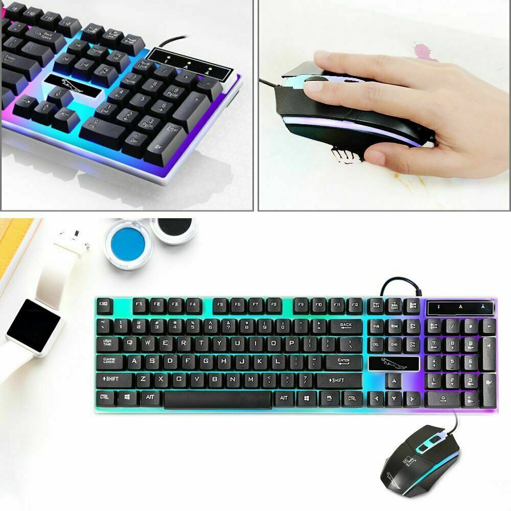 Kleurrijke led verlichte usb bekabelde pc regenboog gaming toetsenbord muis set gamer gaming muis en toetsenbord kit thuiskantoor