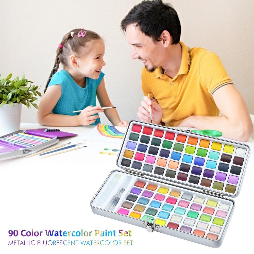Juego de acuarelas fluorescentes metalizadas, pintura de acuarela con purpurina para dibujar, suministros de pintura artística, suministros de arte, 90 colores