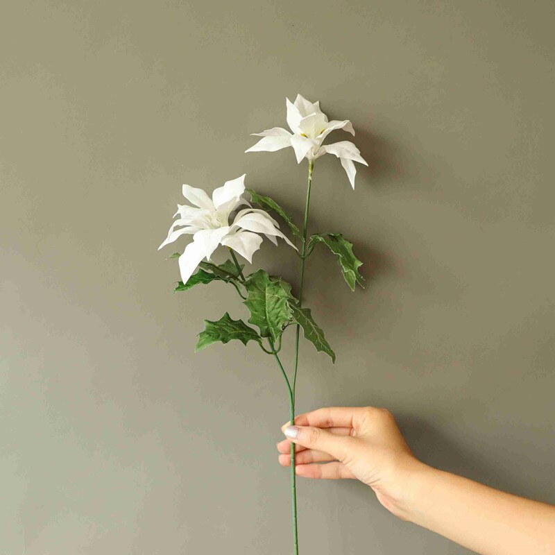 1 Branch 2 Heads Real Touch Cloth Christmas Flowers Artificial Christmas flowers Red Poinsettia vase photography props Ornaments: White