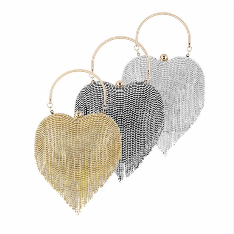 Vrouwen Diamanten Bruiloft Clutch Bags Kwastje Banket Portefeuilles Voor Dames Heart Shaped Party Schoudertassen Met Ketting MN1586