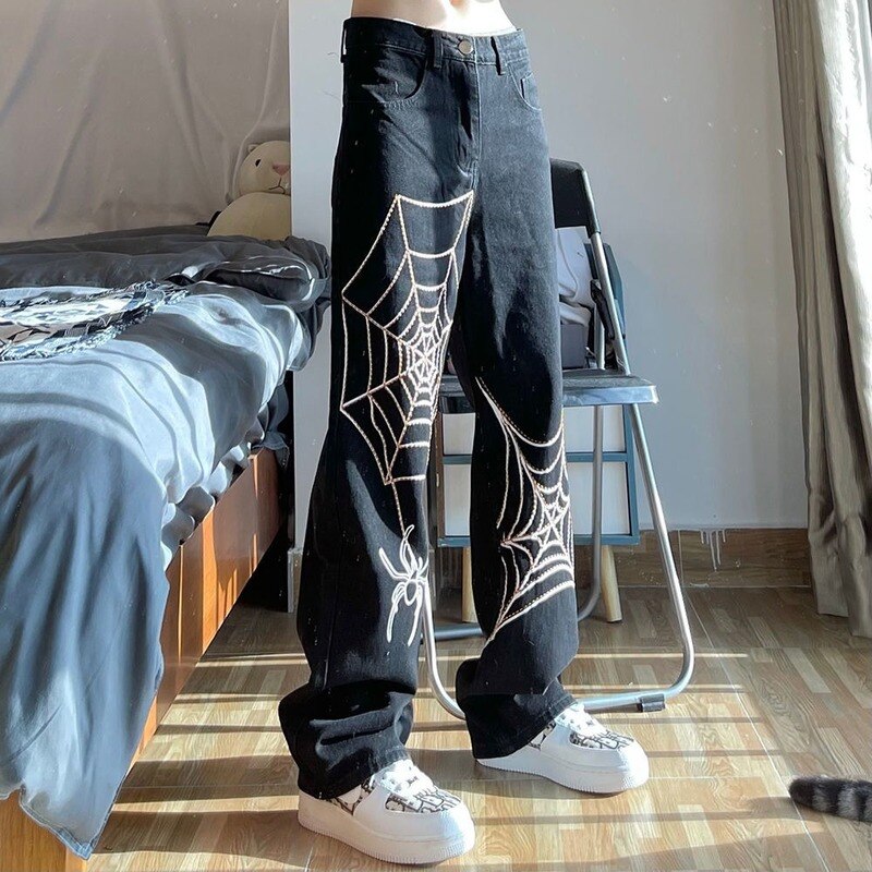 Mingliusili  y2k denim housut naiset kevät high street laukkufarkut oversize streetwear e girl print mustat housut