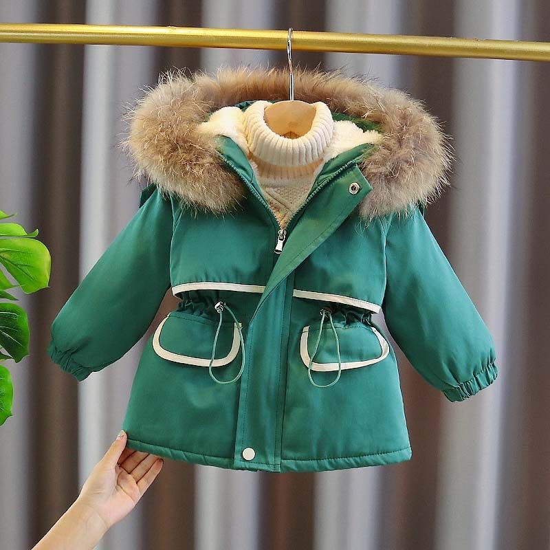 Meisjes Jassen 2022 Winter Jas Buitenlandse Stijl Kinderen Plus Fluwelen Verdikte Gewatteerde Kleding Bontkraag Hooded Kleding